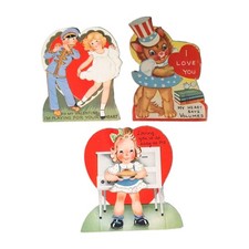Vintage Valentine’s Day Greeting Cards Lot of 3 Die-Cut Kids & Cat picture