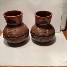 Vintage Mexican Folk Ark Sgraffito Red Clay Vases picture