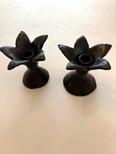  Vintage Barro Negro Black Clay Candle Holder 2-Oaxaca Mexican Folk  Flower 5.25 picture