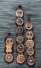 Equestrian Brass Horse Medallions with Leather Straps, Harness Brass, Lot of 3 picture