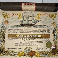 Vintage 1946 US Navy Plank Owner Certificate WWII Ships Store Office Tube WW2 picture