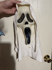 1990s WHITE GLOW Scream Ghost Face Mask Fun World Div Gen 1 Cotton Shroud Multi picture