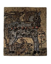 Mid Century Scandinavian Ceramic Tile Plaque Horse Birds Flower Signed R V picture