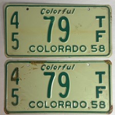 1958 Colorful Colorado License Plates Low Number 45 79 TF Matching Pair Original picture