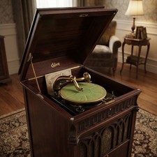 Antique Edison Disc Phonograph Wood Cabinet picture