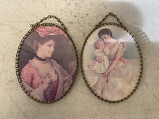 Vintage Oval Brass Chain Framed Pastel Lady Mother Child Prints picture
