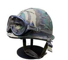 GENUINE US ARMY / USMC MILITARY M1 COMBAT HELMET with ERDL CAMO COVER & GOGGLES picture