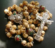 *Handmade Old Bone Skull & copper Beads catholic ROSARY CROSS NECKLACE crucifix picture