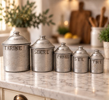 Vintage 1940s French Aluminum Kitchen Canister Set of 5 Farine Sucre Sel Thé picture