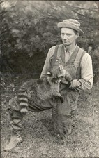 Weeks Mills ME Postmark Man Holds Raccoon & Trap FINE PHOTOGRAPHY c1910 RPPC bhn picture