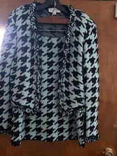 2 piece St John Houndstooth Knit Suit Fringe Full Zip Sz 10/Jacket & Skirt picture
