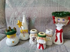 6 Swedish Santa Lucia vintage wood & porcelain candle holders & decor St Lucia picture
