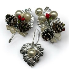 3 Vtg Christmas Corsage Mid-Century MCM Mercury Glass Silver Foil Leaf Pinecone picture