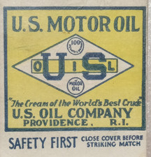 1920's  SAFETY FIRST MATCHCOVER- U.S. MOTOR OIL COMPANY Providence R.I. ExMint++ picture