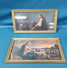 2 VTG Jesus Litho Prints Good Shepherd & MT Olive Gold Wood Frames Vibrant picture
