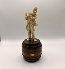 Vintage Hand Carved Flute Player Figurine Wood Barrel Base Folk Art picture