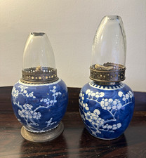 Pair of 2 Antique Chinese Blue and White Cherry Blossom Opium Lamp Brass Mint picture