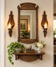 Vintage 1966 Dart Industries Floral Wall Set Mirror Shelf Candle Sconces USA picture