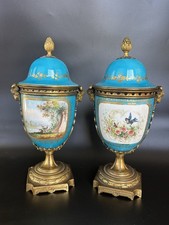 SEVRES Style ORMOLU Bronze GILT French Porcelain URN Vase Hand-Painted PAIR 11” picture