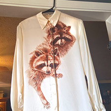 Escada Ivory Silk Satin Raccoon Animal Print Button-Up Blouse Women’s 34 picture
