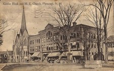 Plymouth, NEW HAMPSHIRE - Kidder Block & M.E. Church - 1919 - old cars, awnings picture