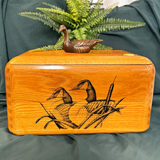 Vintage Wooden Bread Box with Etched Canada Geese, Solid Oak Countertop Storage picture