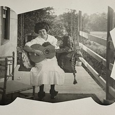 Antique RPPC Real Postcard Photograph Snapshot Woman Playing Guitar Masking picture