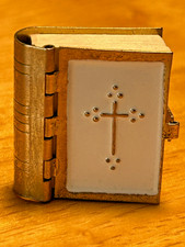 Miniature Holy Bible Old New Testament White Enamel Gold Tone Metal Case Vintage picture