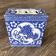 Vintage Asian Blue & White Porcelain Opium Pillow Incense Burner With Foo Dog  picture