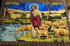 Vtg Jesus Good Shepherd Lamb Crushed Velvet Tapestry Wall Hanging 6ft X 4ft picture