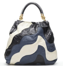 MIU MIU blue navy white wave patchwork crinkled leather crystal handle hobo bag picture