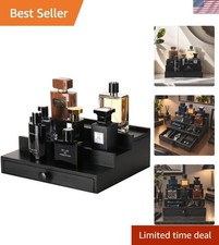 3 Tier Men's Cologne Organizer, Black Wooden Display Stand with Drawer picture