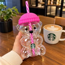 New Open Box Starbucks Bearista Pink Bear Glass Tumbler 20oz Cold Cup  with Box picture