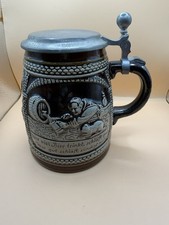 Vintage German Beer Stein Pewter Lid Relief Tavern Scene German Saying 6” picture