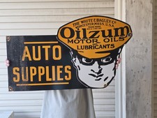 HUGE VINTAGE OILZUM MOTOR OILS AUTO SUPPLIES PORCELAIN SIGN 30
