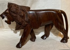 Handcrafted Vintage Carved  Male Lion Roaring Figurine  12inch L  Safari Africa. picture