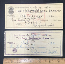 2 VTG 1947-48 Cancelled Check North Bennington VT Vermont First National Bank picture