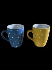 (2) Polka Dot (Blue/White & Yellow/White) Glossy Ceramic Coffee Mugs picture