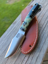 Bark River Trailmate A2 Knife Blue White Swirl Seedpod Resin Brass Sheath 7 picture