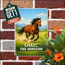 Chestnut Stallion Galloping Through Green Meadow Art Sign Metal Tin Sign 8x12 In picture