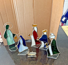 Vintage Stained Glass Nativity Set Christmas Figures 8” Mary Joseph Wise Men Ang picture