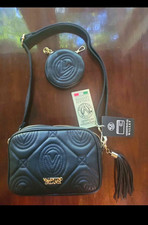 Valentino Orlandi Black Quilted Leather Crossbody Bag Zip Gold Tassel Coin Purse picture