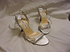 Jimmy Choo London Pearl Silver Leather Ankle Tie Shoes Wing Detail Side 37 1/2 picture