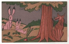 Antique Postcard FOX BUNNY Hand Drawn Colored Fabulous lithography Russian Old picture