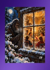 Bigfoot’s Christmas Window | ACEO Art Card | Cryptid Christmas | Impasto Print picture