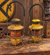 Pair Vintage Adlake Kero Railroad Lanterns Amber Globes Yellow Industrial picture