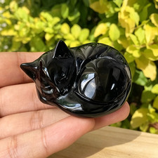 Natural Black Obsidian Sleeping Cat Carved Crystal Figurine Healing Gemstone Gif picture