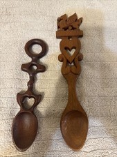 Set Of 2 Vintage Hand Carved Love Spoon Scandinavian Style picture