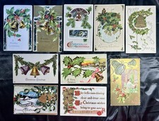 Lot of 10 Vintage Embossed Christmas Postcards Featuring Bells Multicolor Paper picture