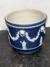 Antique Wedgwood Dark Blue Jasperware Footed Cachepot Cobalt Planter England 8x7 picture